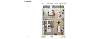 A diagram of a 5x7 room layout with a master bedroom, balcony, living/dining room, and kitchen.