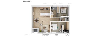 A floor plan of a C6 1245 SQFT apartment with a living room, kitchen, two bedrooms, and a WLCR.