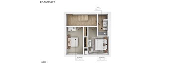 A floor plan of a one bedroom apartment with a bathroom and two bedrooms.