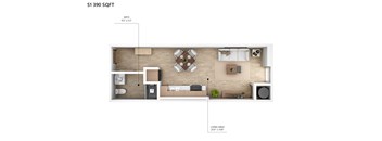 A floor plan of a one bedroom apartment with a living area of 250 x 108.