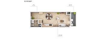 A floor plan of an S3 570 sqft apartment with a living area of 132"x277".