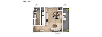 A floor plan of an apartment with a living area, kitchen, and bathroom.