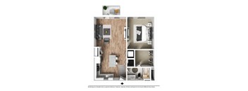 A floor plan of a small apartment with a kitchen, living room, and bathroom.