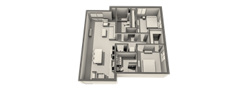 A 3D floor plan of a house with multiple rooms and a kitchen area.