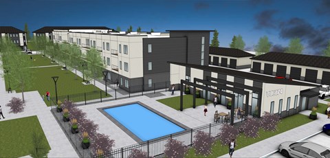 A modern apartment complex with a swimming pool in the courtyard.
