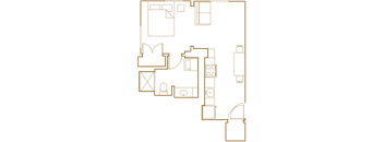 A floor plan of a house with a kitchen, living room, and bathroom.