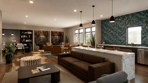 A modern living room with a dark brown sofa and a coffee table.