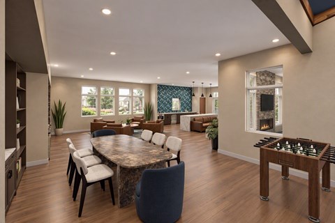 A modern dining room with a round table and chairs.