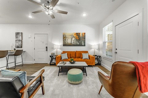 A living room with a brown leather chair and a grey rug.
