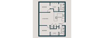 1,009 SF Two Bed Two Bath Dawson Floor Plan at The Grant in Omaha, NE