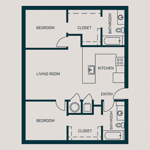 1,009 SF Two Bed Two Bath Dawson Floor Plan at The Grant in Omaha, NE