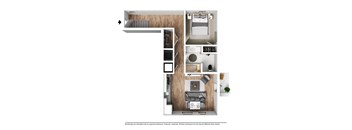A floor plan of a small apartment with a kitchen, living room, and bedroom.