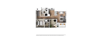 A floor plan of a small apartment with a kitchen, living room, and bedroom.