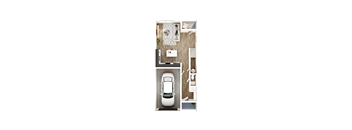 A car is parked in a small room with a toilet and sink.