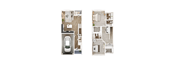 Two floor plans of a house with a car parked in the garage.