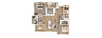 A top-down view of a well-organized apartment layout.