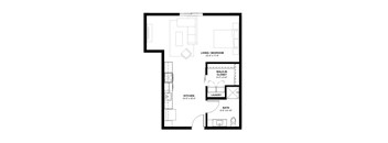 A floor plan of a small apartment with a living room, kitchen, bathroom, and laundry room.