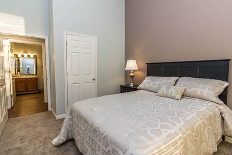 A bedroom with a large bed and a dresser with a mirror.
