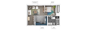 A floor plan of a small apartment with a living room, kitchen, and bedroom.