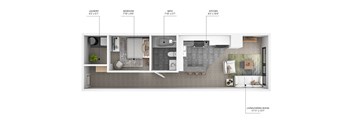 A floor plan of an apartment with a laundry area, bedroom, bathroom, kitchen, and living/dining room.