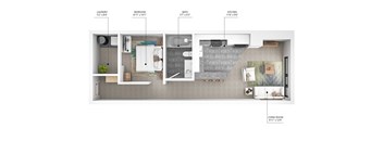A floor plan of a small apartment with a living room, kitchen, bathroom, and bedroom.
