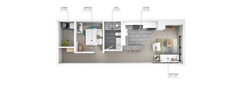 A floor plan of a small apartment with a living room, kitchen, bath, and laundry area.