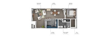 A floor plan of a small apartment with a living room, dining room, kitchen, bathroom, and bedroom.