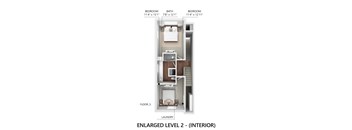 A diagram of an Enlarged Level 2 interior showing three bedrooms, a bath, a laundry area, and a staircase.