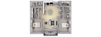 A 3D floor plan of a small apartment with a kitchen, living room, and two bedrooms.