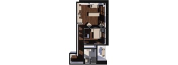 A 3D floor plan of a house with a kitchen, living room, and two bedrooms.