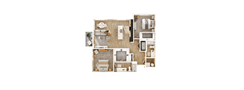 A top-down view of a house layout with a kitchen, living room, and bedrooms.