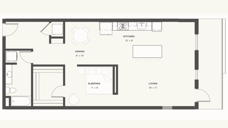 A floor plan of a small apartment with a kitchen, dining area, sleeping area, and living room.