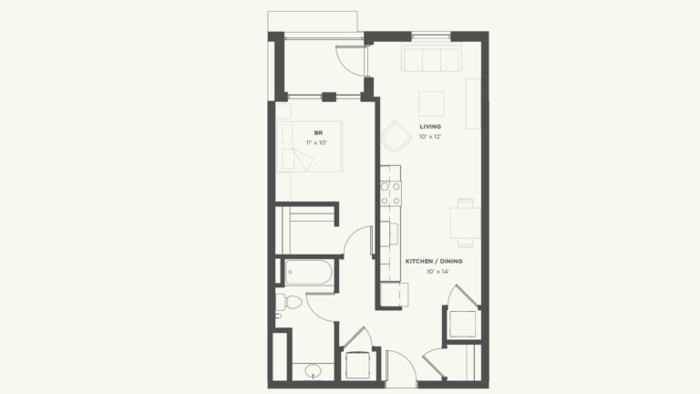 A floor plan of a two-bedroom apartment with a living room and kitchen.