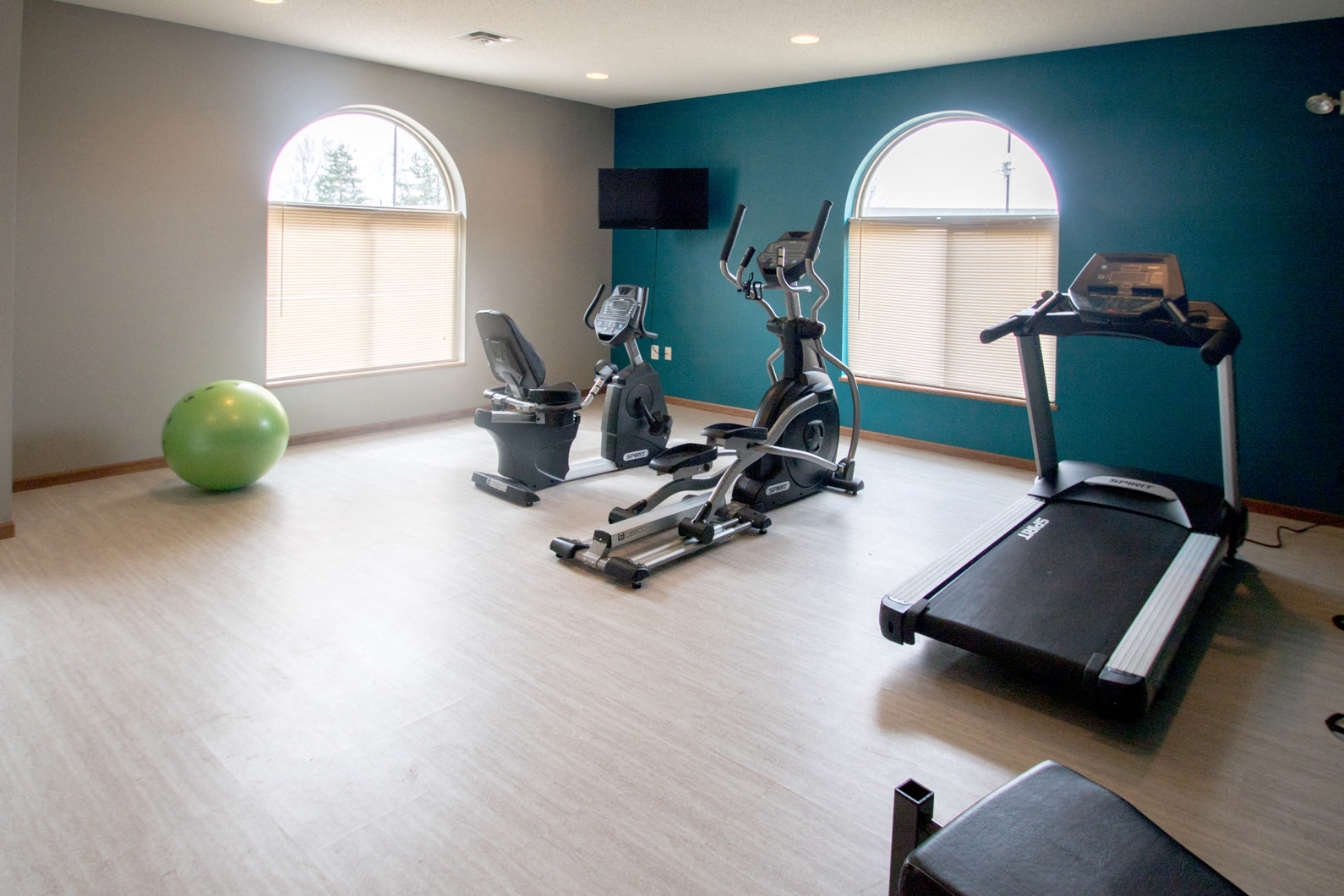 a workout room with exercise equipment in a home gym