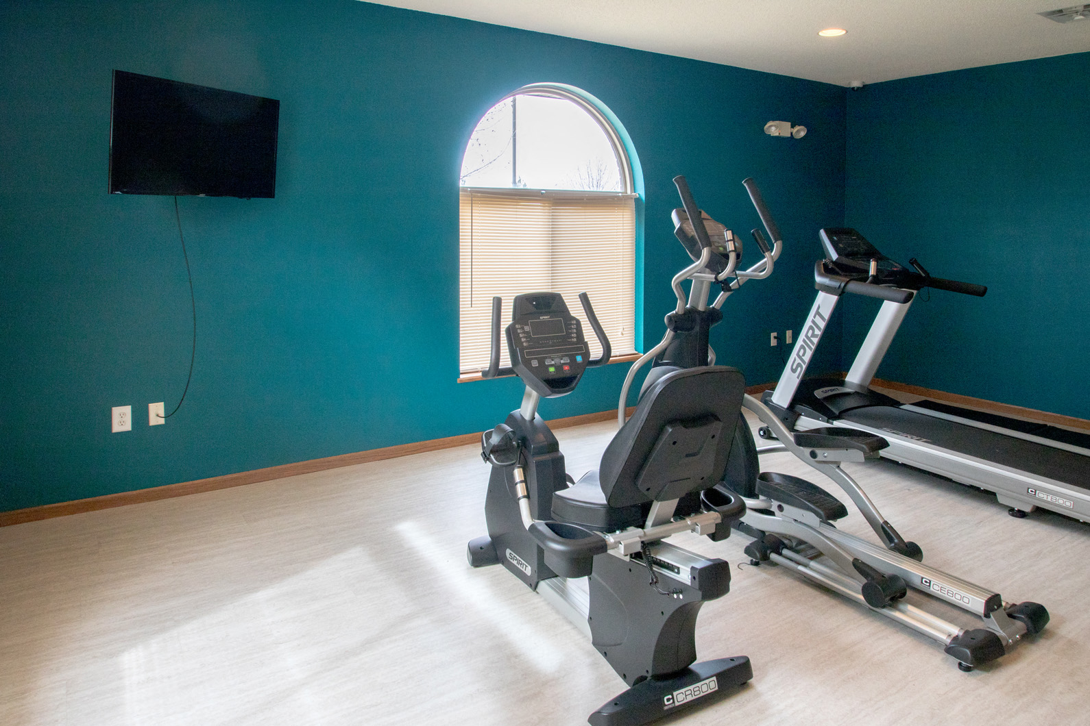 a gym with cardio equipment and a blue wall with a window