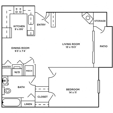 750 SF One Bedroom floor plan apartment home at Somerset Apartments in Lincoln, NE