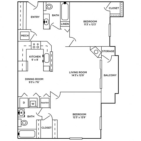 950 SF two bedroom floor plan apartment home at Somerset Apartments in Lincoln, NE
