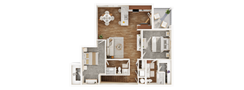 A 3D floor plan of a house with a kitchen, living room, and bathroom.