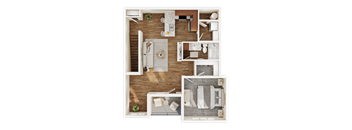 A top-down view of a room layout with a bed, desk, and kitchen area.