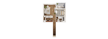 A top-down view of a house layout with a kitchen, living room, and bathroom.
