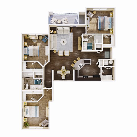 A floor plan of a house with a kitchen, living room, dining room, and multiple bathrooms.