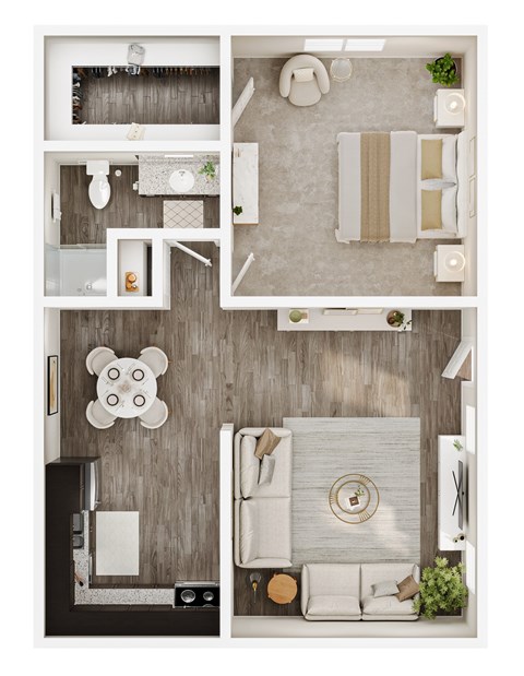 A top-down view of a modern living room with a grey sofa and a coffee table.