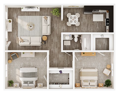 A series of images showing different layouts of a living room, kitchen, and bathroom.