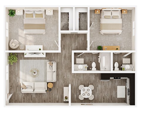 A top-down view of a modern living room with a sofa set, coffee table, and kitchen area.