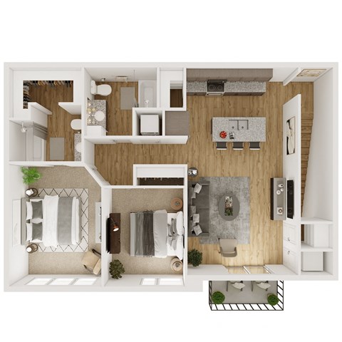 1,021 SF Two Bedroom Floor Plan at The Boulevard Apartments in Joplin, MO