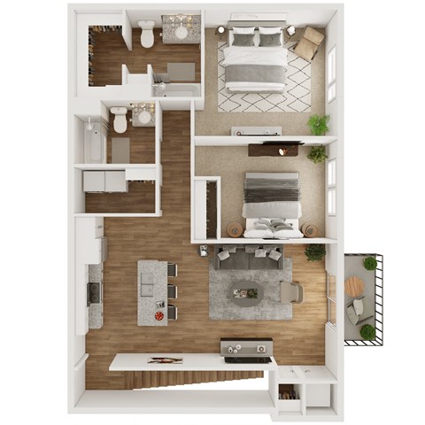 1,013 SF Two Bedroom Floor Plan at The Boulevard Apartments in Joplin, MO