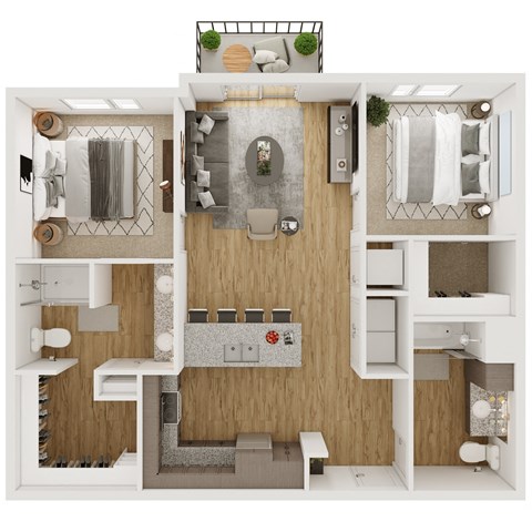 1,020 SF Two Bedroom Floor Plan at The Boulevard Apartments in Joplin, MO