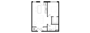 A floor plan of a room with labeled dimensions.