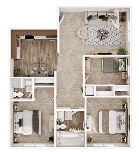 950 SF Three-Bedroom Floor Plan at Country Club Apartments in Sioux City, IA
