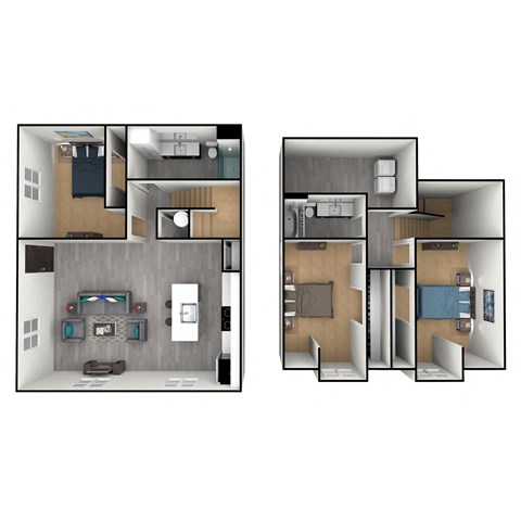 a floor plan of a home with a split view of the living room and kitchen